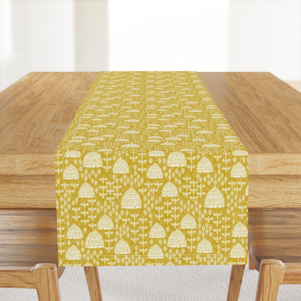 bee hives // golden yellow spring florals flower bumble bee linocut block printed textiles