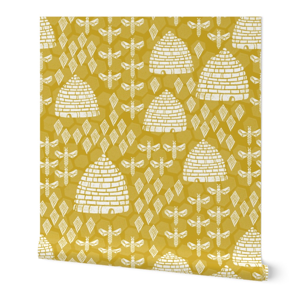 bee hives // golden yellow spring florals flower bumble bee linocut block printed textiles