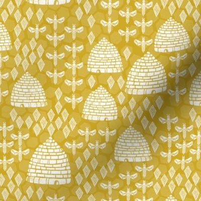 bee hives // golden yellow spring florals flower bumble bee linocut block printed textiles