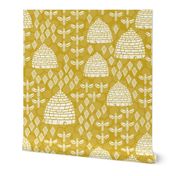 bee hives // golden yellow spring florals flower bumble bee linocut block printed textiles