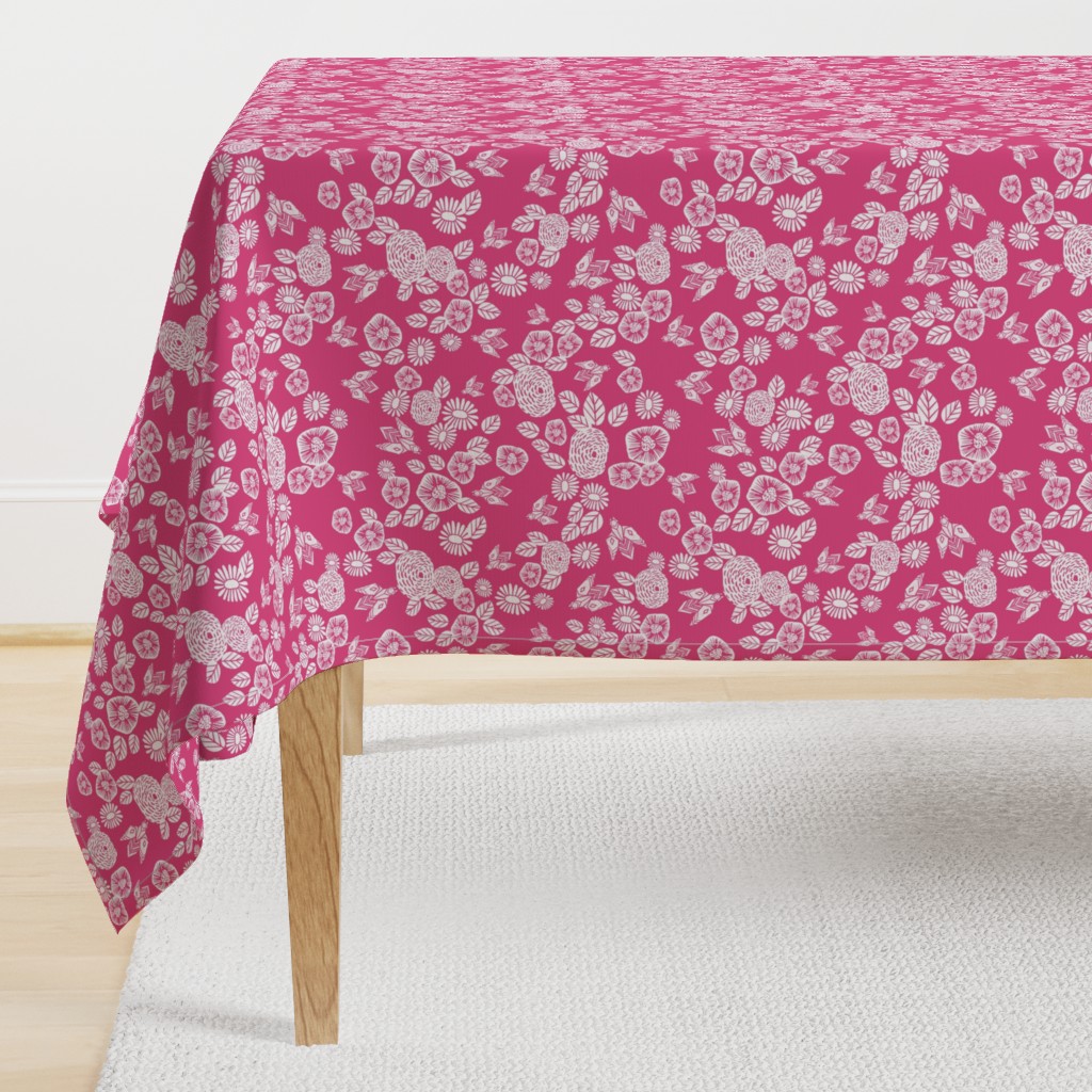 bee garden // pink block printed bee flowers floral vintage style pink fabric