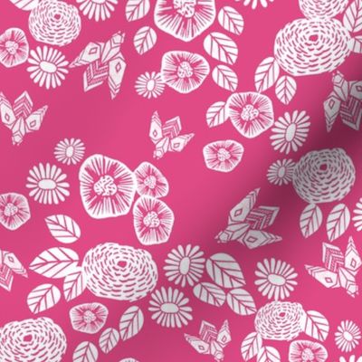 bee garden // pink block printed bee flowers floral vintage style pink fabric