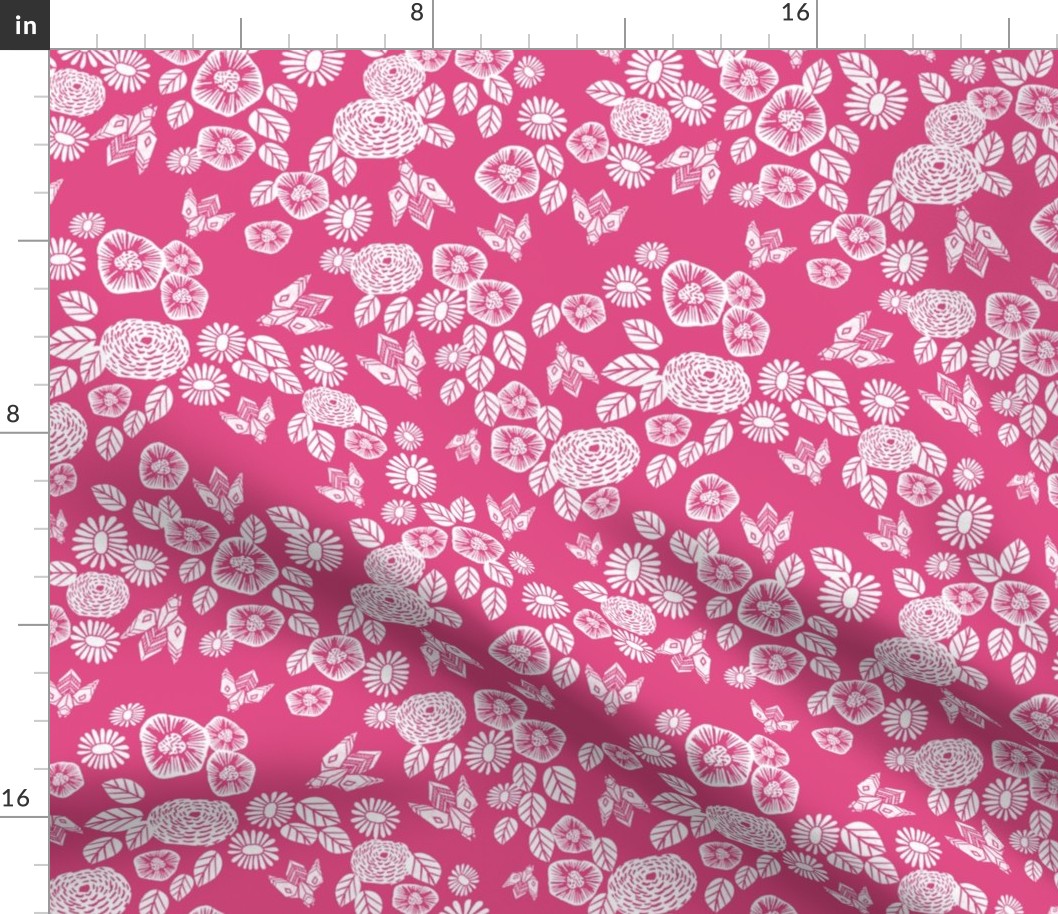 bee garden // pink block printed bee flowers floral vintage style pink fabric