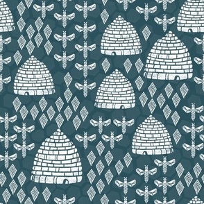 bee hives - linocut printmaking vintage style andrea lauren fabric print