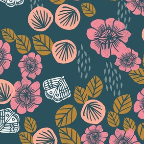 butterfly garden // spring flowers pink peach vintage colors inspired block print original hand-carved original design