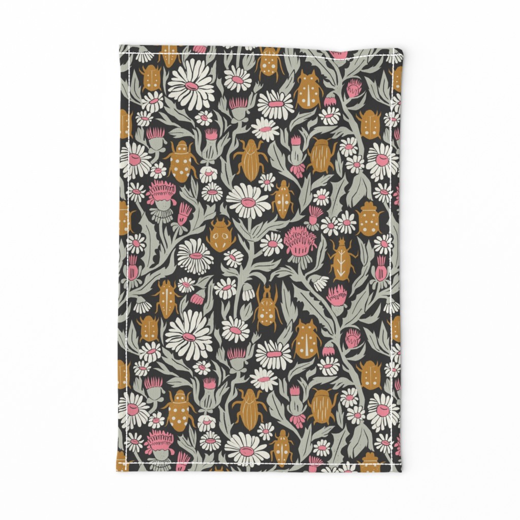 garden // flowers floral traditional william morris inspired linocut block print ladybugs beetles flowers daisies print 