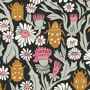 garden // flowers floral traditional william morris inspired linocut block print ladybugs beetles flowers daisies print 