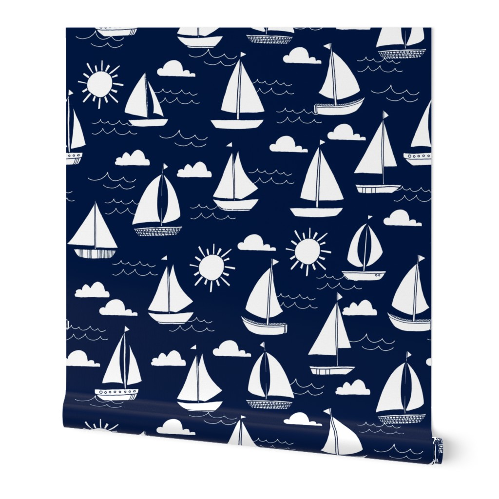 sailboats // navy and white nautical summer ocean cape cod seamless summer print