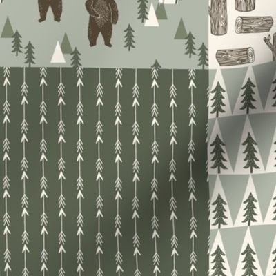 forest bear quilt // green woodland outdoors forest woodgrain squares wholecloth cheater quilt