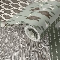 forest bear quilt // green woodland outdoors forest woodgrain squares wholecloth cheater quilt