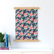 Paeonia in Coral and Mint on Navy, half scale