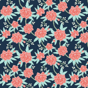 Paeonia in Coral and Mint on Navy, half scale