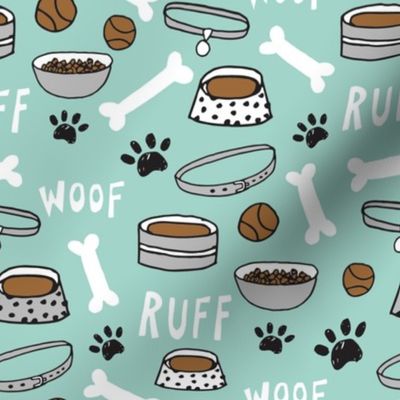 dog bowls // dog accessories bones, dog bone, paw print cute dog illustration pet dog breed pattern