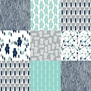 forest bear quilt // square quilt navy mint grey kids nursery baby