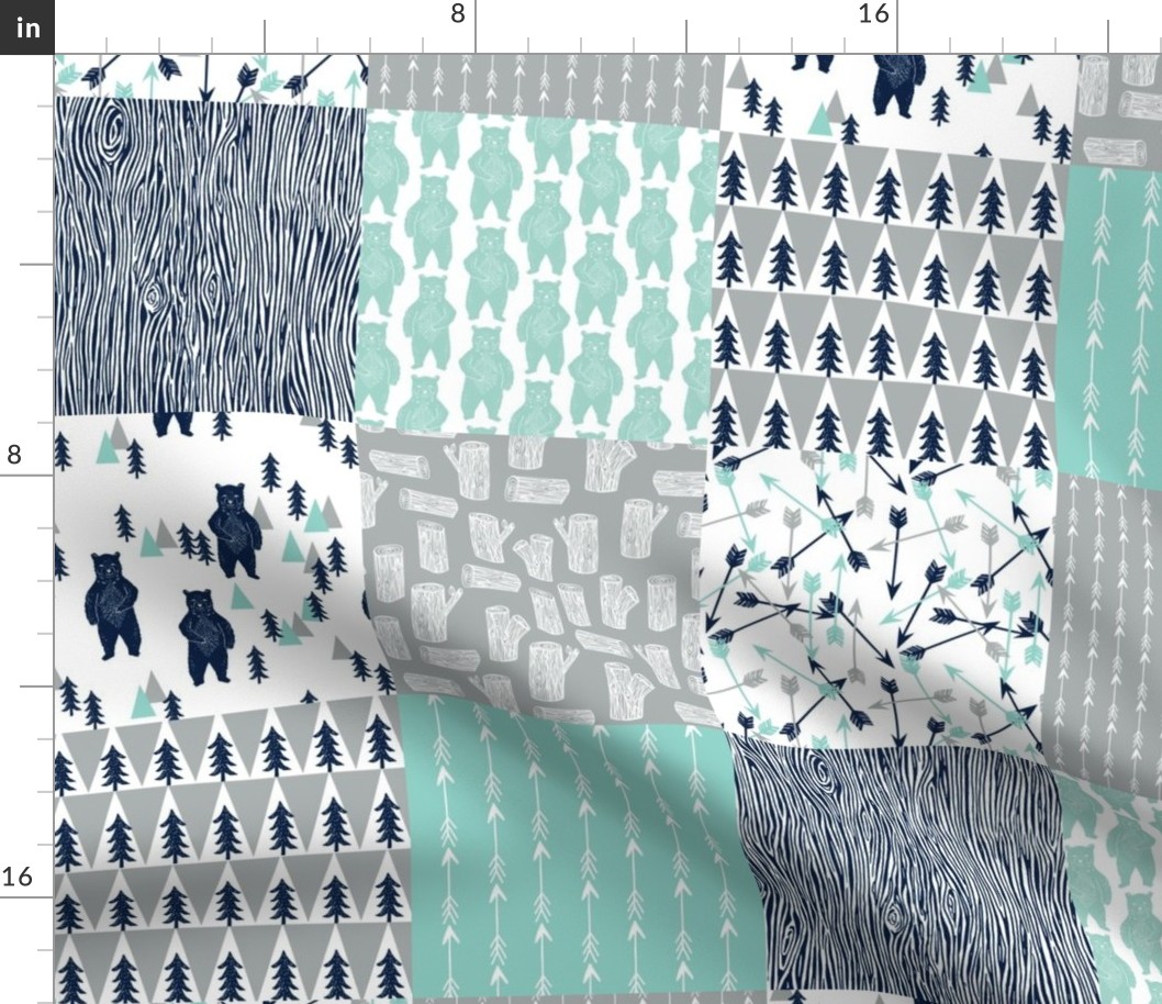 forest bear quilt // square quilt navy mint grey kids nursery baby