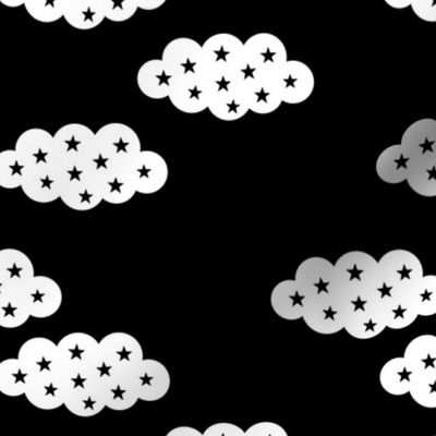 Clouds and stars soft scandinavian retro style night sky theme for kids black and white gender neutral