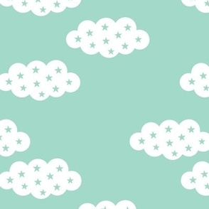 Clouds and stars soft scandinavian retro style night sky theme for kids pastel mint gender neutral