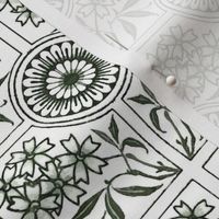 Floral Tiles in Green, Gray and White
