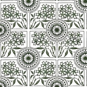 Floral Tiles in Green, Gray and White