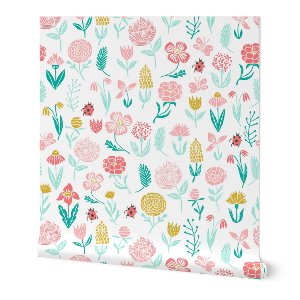 spring garden // botanical sweet girls ladybird ladybug spring flowers floral pink coral yellow mint 