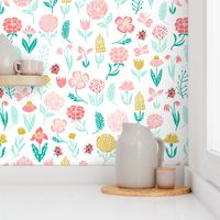 spring garden // botanical sweet girls ladybird ladybug spring flowers floral pink coral yellow mint 