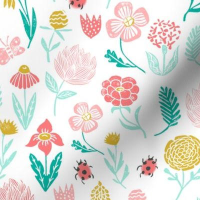 spring garden // botanical sweet girls ladybird ladybug spring flowers floral pink coral yellow mint 