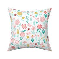 spring garden // botanical sweet girls ladybird ladybug spring flowers floral pink coral yellow mint 