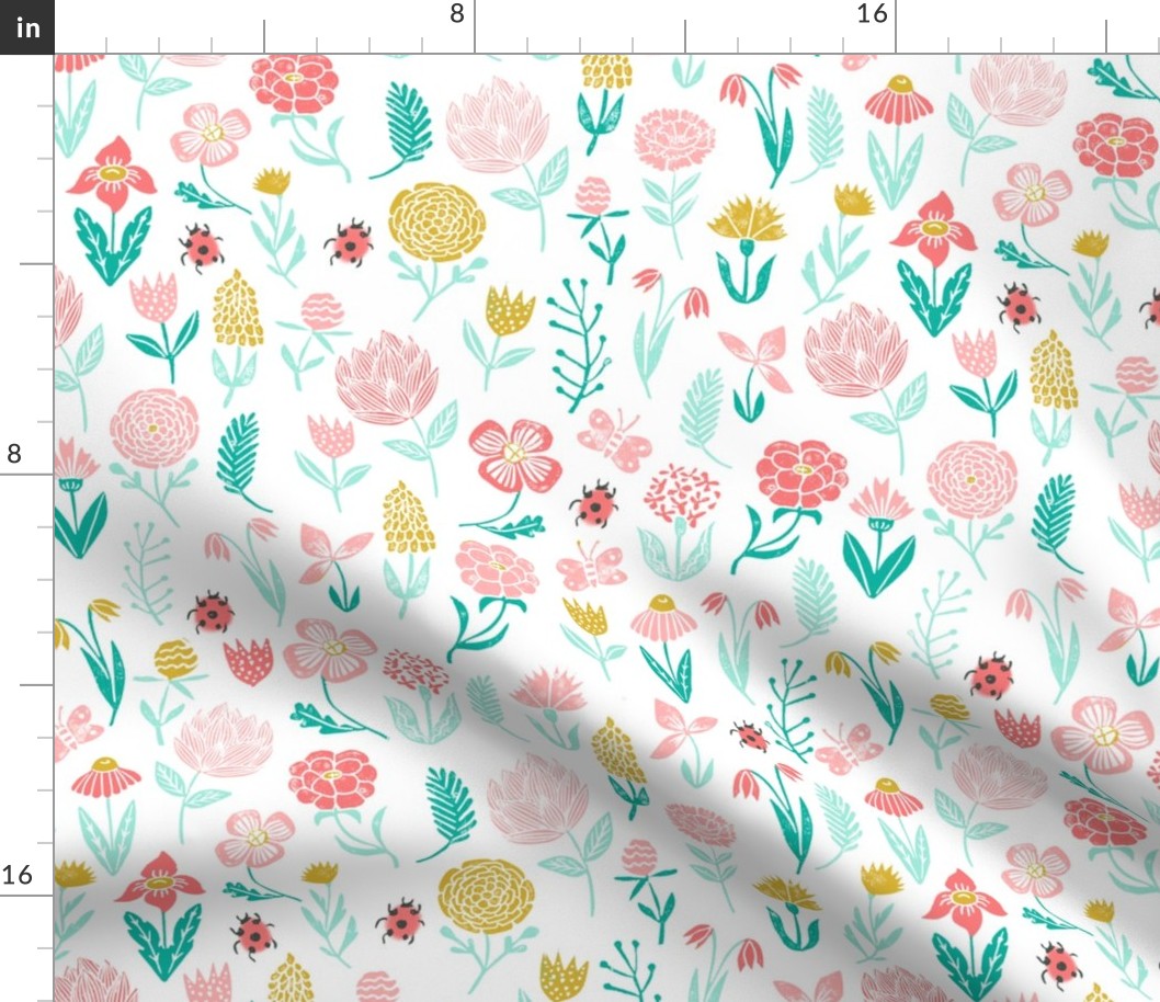 spring garden // botanical sweet girls ladybird ladybug spring flowers floral pink coral yellow mint 