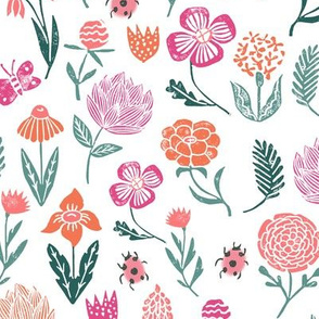 spring garden botanicals // block print linocut flowers florals spring ladybug pink green sweet flowers