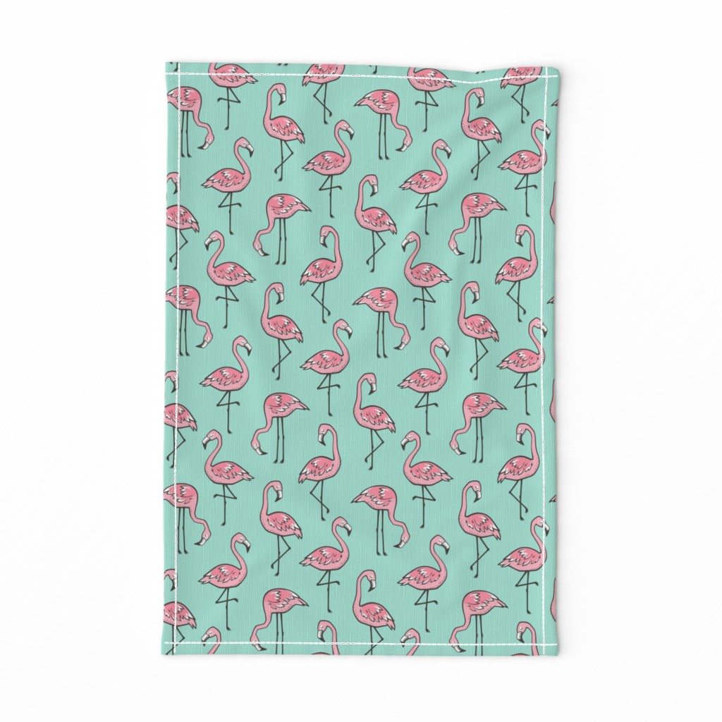 Flamingos Pink on Mint Green
