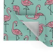 Flamingos Pink on Mint Green