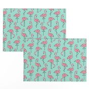 Flamingos Pink on Mint Green