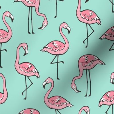 Flamingos Pink on Mint Green