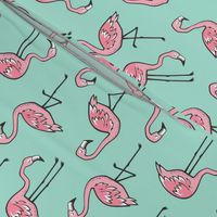 Flamingos Pink on Mint Green