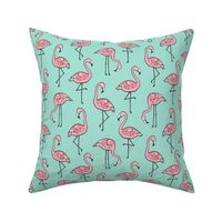 Flamingos Pink on Mint Green