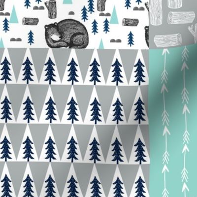 bear crib quilt // cheater quilt blanket wholecloth bear sleeping sleep cute baby boy nursery sweet bear forest woodland arrows trees mint grey navy