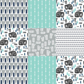 bear crib quilt // cheater quilt blanket wholecloth bear sleeping sleep cute baby boy nursery sweet bear forest woodland arrows trees mint grey navy