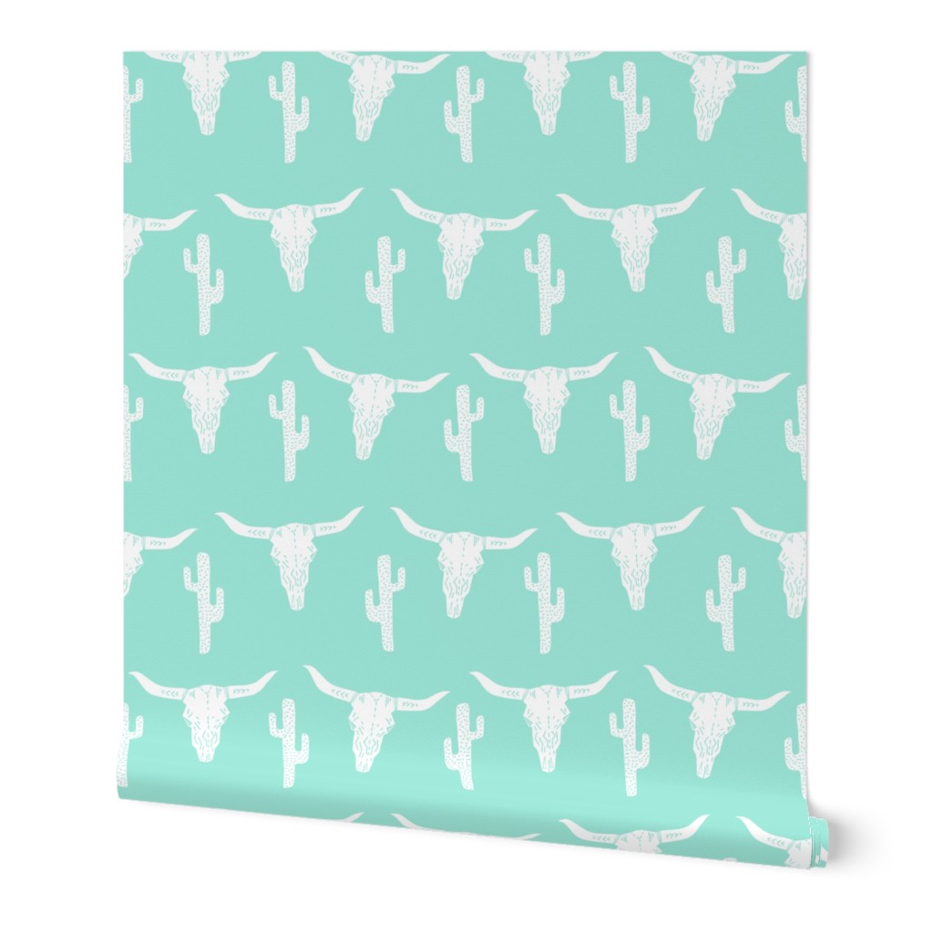 longhorn skull // texas mint green antlers girly horse cactus print