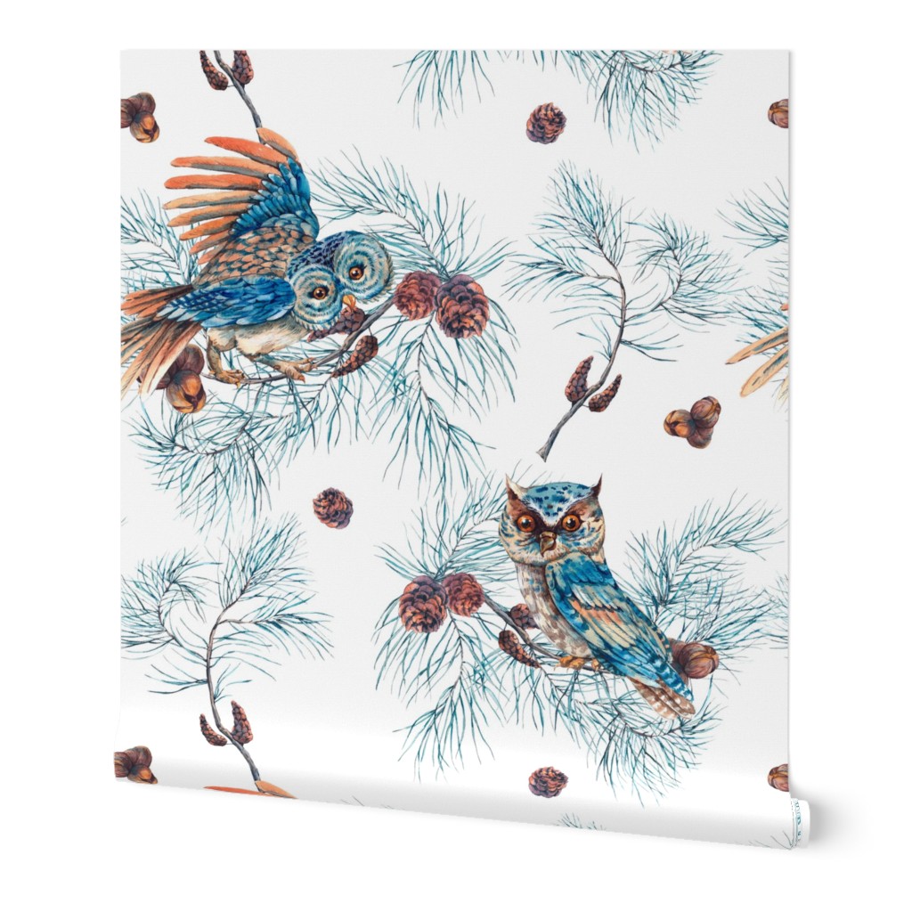 Winter Watercolor Christmas Seamless Pattern with Owls, Tree Branches, Fir Cones and Leaves.