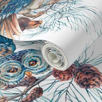 Winter Watercolor Christmas Seamless Pattern with Owls, Tree Branches, Fir Cones and Leaves.