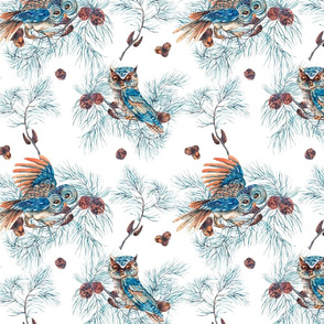 Winter Watercolor Christmas Seamless Pattern with Owls, Tree Branches, Fir Cones and Leaves.