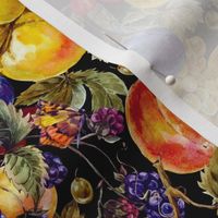 Autumn harvest watercolor seamless pattern with fruits and butterflies