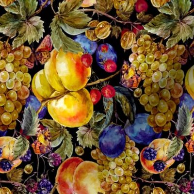 Autumn harvest watercolor seamless pattern with fruits and butterflies