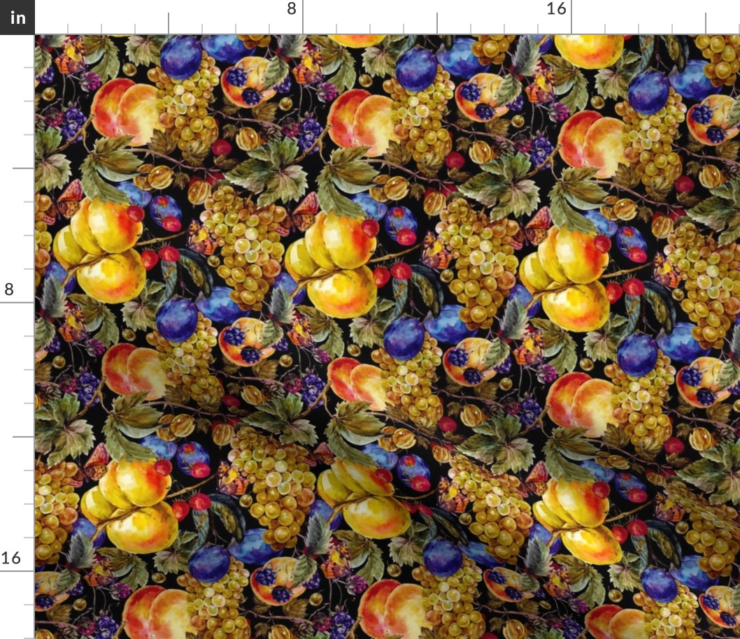 Autumn harvest watercolor seamless pattern with fruits and butterflies