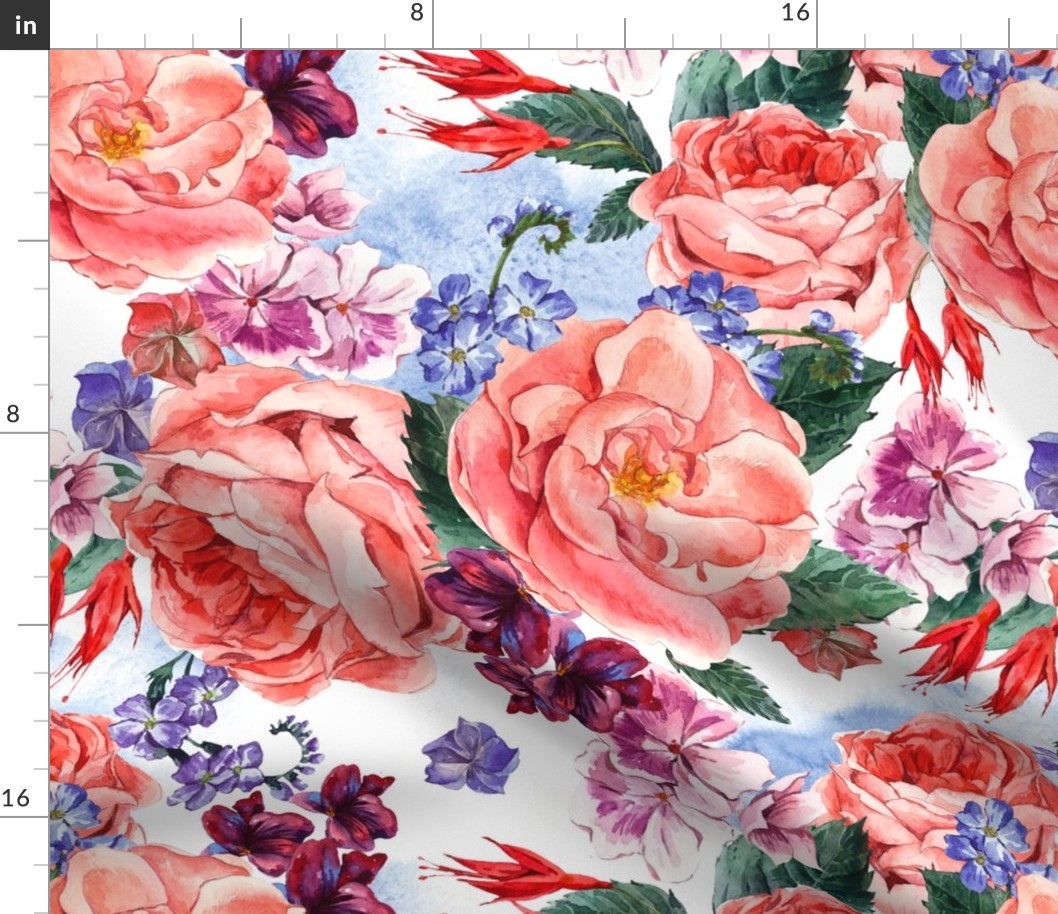 Picturesque seamless pattern with Floral Bouquet of Roses, White Daisy and Blue Wild Flowers