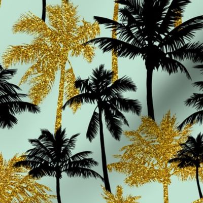 gold glitter palm trees - mint, medium. silhuettes golden imitation tropical forest mint background summer hot black palm leaves shimmering metal effect texture fabric wallpaper giftwrap 