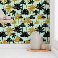 gold glitter palm trees - mint, medium. silhuettes golden imitation tropical forest mint background summer hot black palm leaves shimmering metal effect texture fabric wallpaper giftwrap 