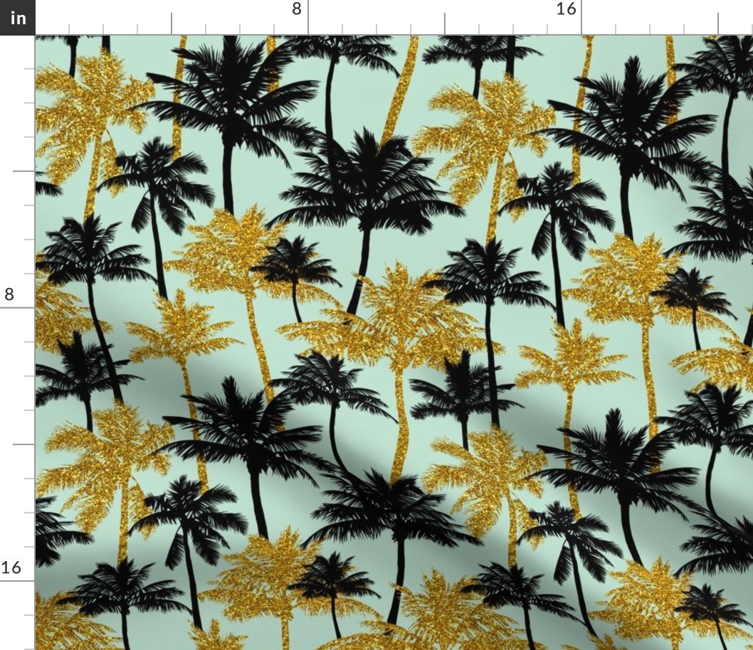 gold glitter palm trees - mint, medium. silhuettes golden imitation tropical forest mint background summer hot black palm leaves shimmering metal effect texture fabric wallpaper giftwrap 