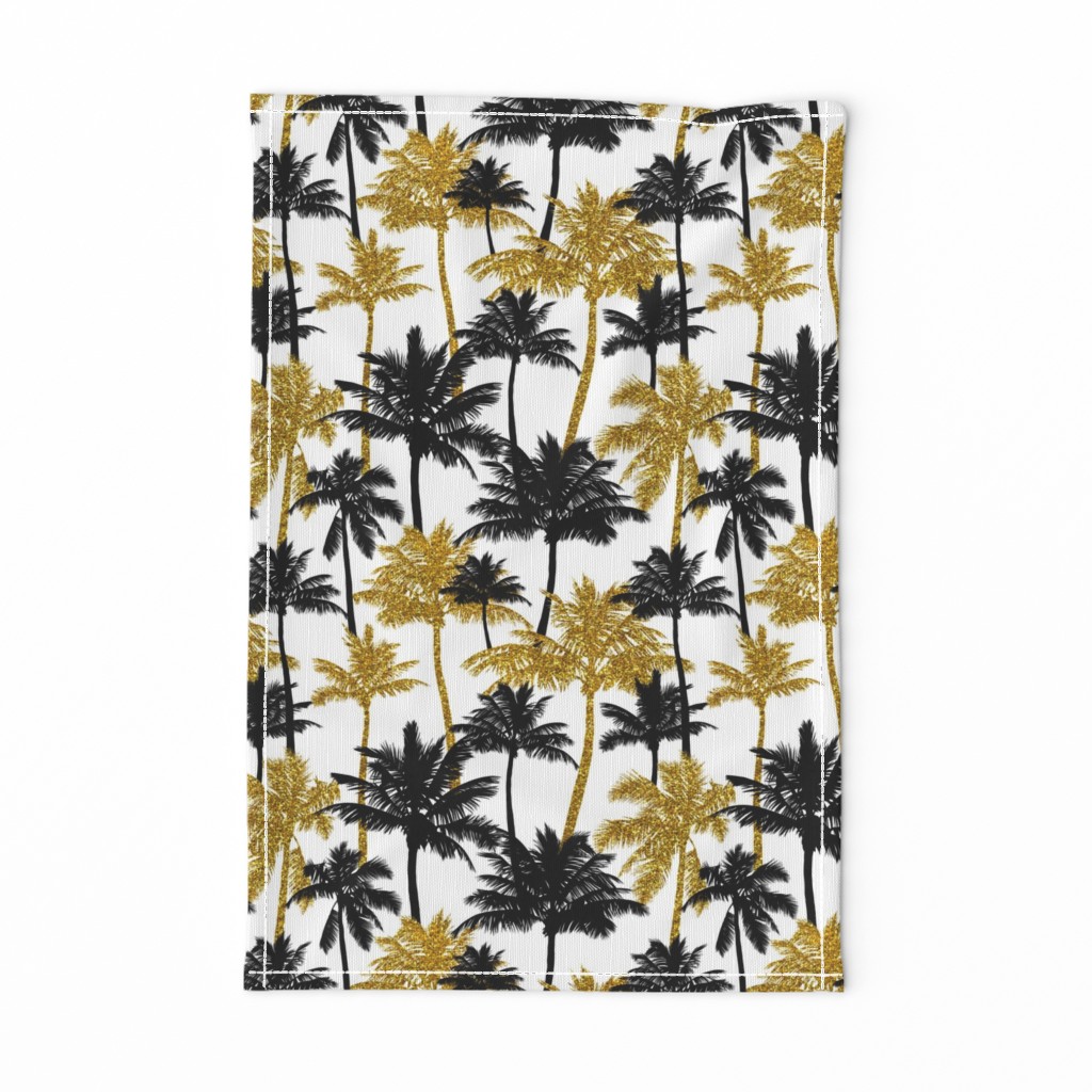  gold glitter palm trees - white, medium. silhuettes golden imitation tropical forest white background summer hot black palm leaves shimmering metal effect texture fabric wallpaper giftwrap 