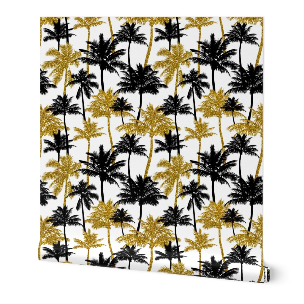  gold glitter palm trees - white, medium. silhuettes golden imitation tropical forest white background summer hot black palm leaves shimmering metal effect texture fabric wallpaper giftwrap 